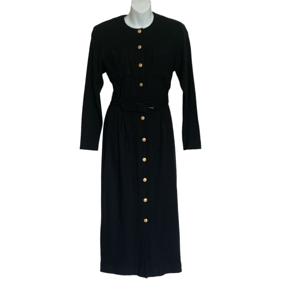 Talbots Black Long-Sleeve Belted Button-Front Midi Dress with Gold Buttons